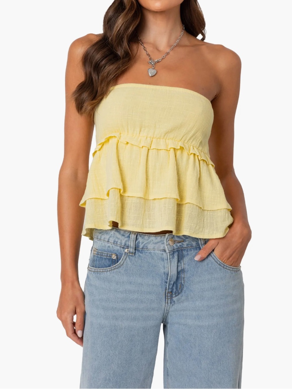 Edikted Large Yellow Smocked Strapless Ruffle Top Tiered Cotton